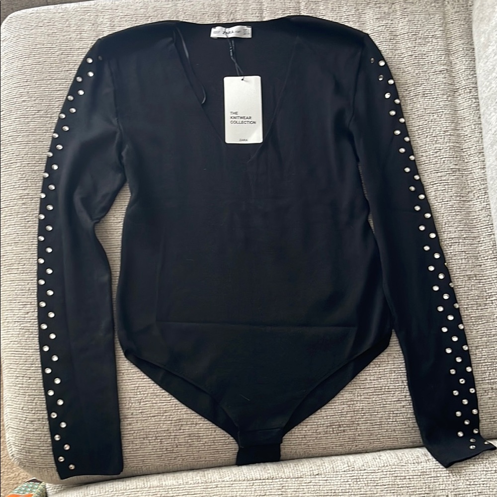 Zara Black Embellished Fitted Bodysuit